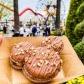 A hand holds a paper tray with a chocolate macaron shaped like a famous characters head, topped with chopped nuts. An amusement park with a large Ferris wheel and colorful roller coaster is blurred in the background.