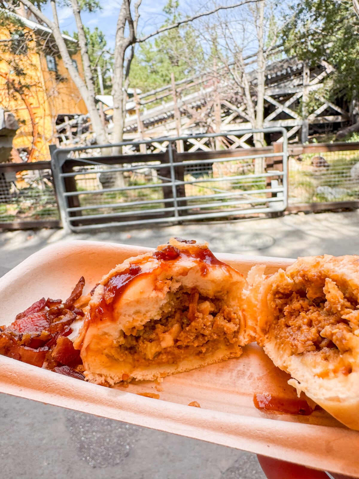 A paper tray holds a split bun filled with shredded meat and topped with barbecue sauce, accompanied by a side of crispy bacon. In the background, a wooden roller coaster is visible under a partially cloudy sky.