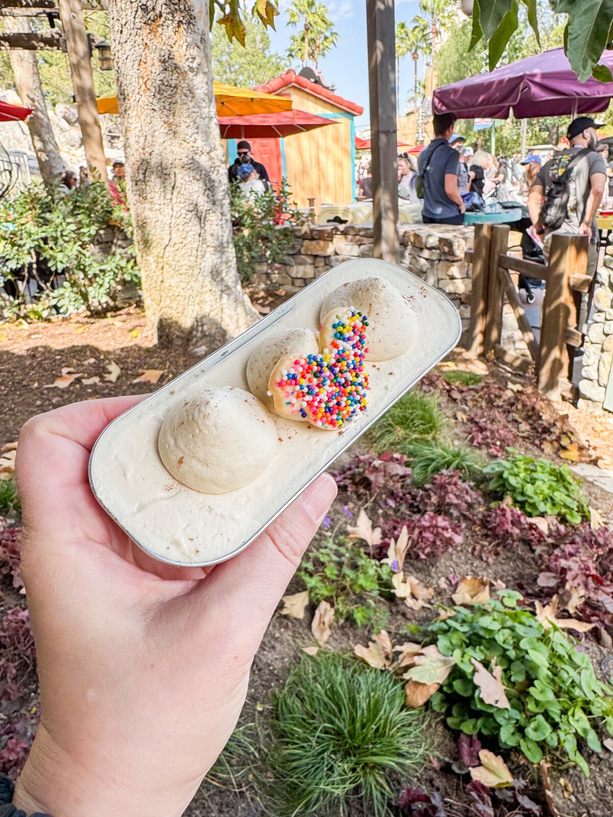 A hand holding a white dish with three scoops of ice cream topped with a Mickey-shaped cookie covered in colorful sprinkles. The background shows an outdoor area with trees, plants, and people walking.