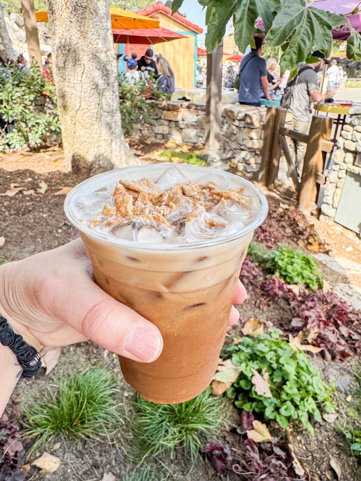 A hand holds a clear plastic cup filled with iced coffee topped with whipped cream. The background features outdoor greenery, a tree, and park visitors. The scene is bright and sunny.