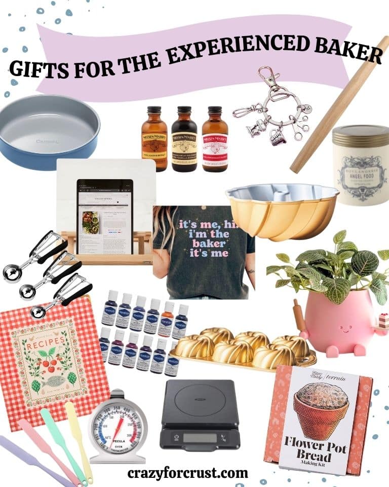 Collage of baking gifts, including cake pans, flavor extracts, whisks, measuring spoons, cookbook, mixing bowls, scale, bread kit, thermometer, plant, and baking t-shirt, under the title Gifts for the Experienced Baker.