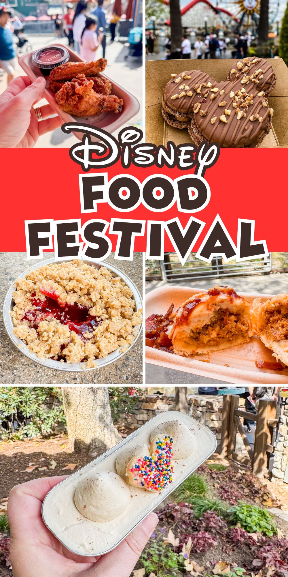 Collage of various foods at a Disney Food Festival, including churros with dipping sauce, chocolate-covered pastries, berry crumble, stuffed pastry, and ice cream. Text reads Disney Food Festival in bold letters over a red banner.