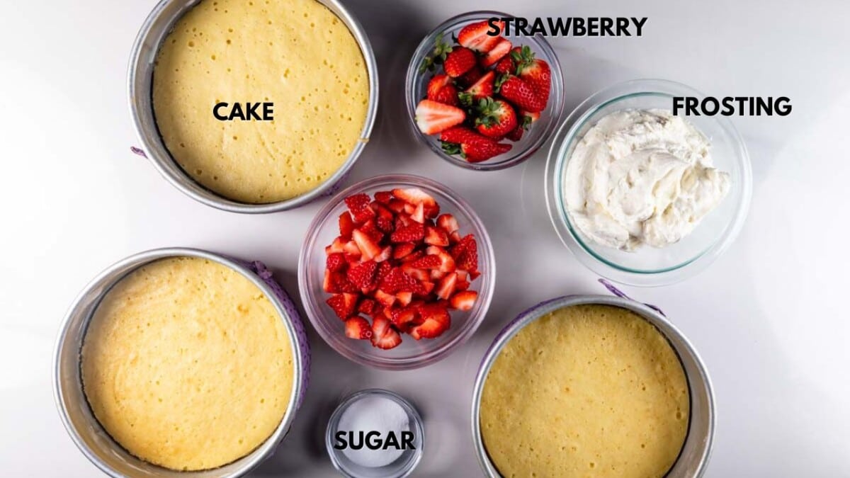 Three round cake layers are arranged with bowls of sliced strawberries, whole strawberries, white frosting, and sugar. Each item is labeled with text. The setup suggests preparation for assembling a strawberry cake.